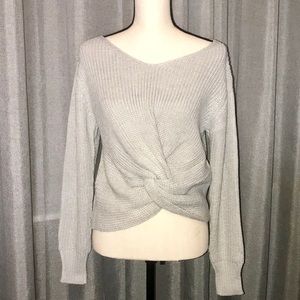 CAMMIE Twist Front V Neck Sweater In Gray